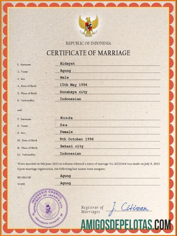 Imprimível modelo PSD de certidão de casamento da Indonésia